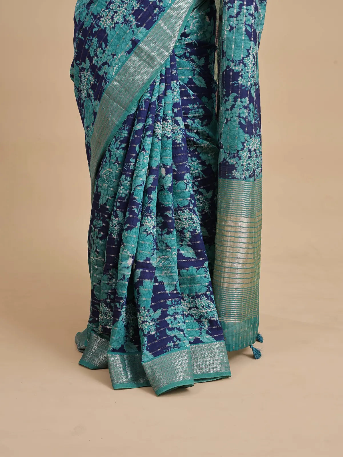 Cotton Floral Saree – Bluish Green Digital Print with Heavy Zari Pallu