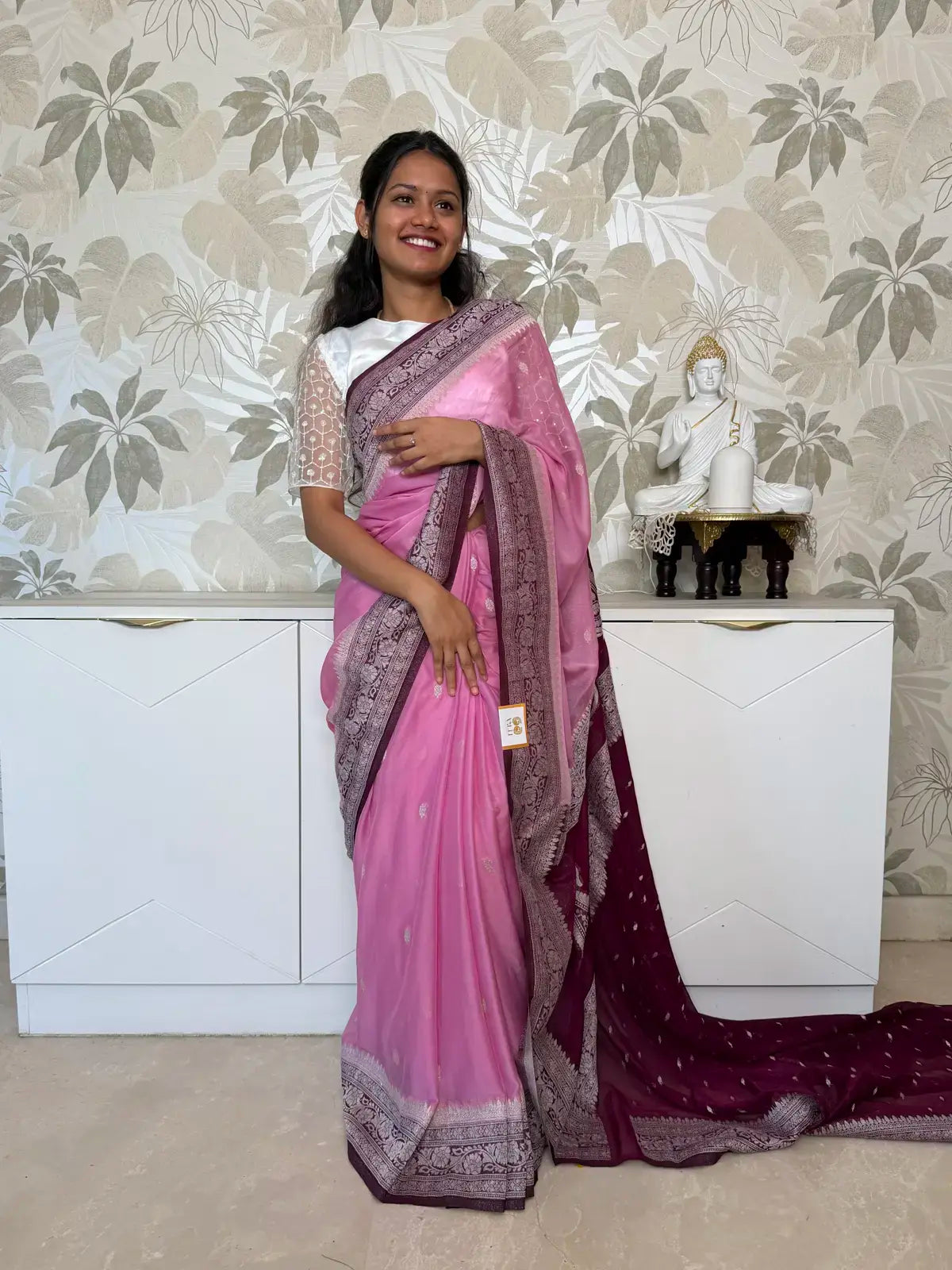 Pink Chiffon Saree with Elegant Silver Zari Borde