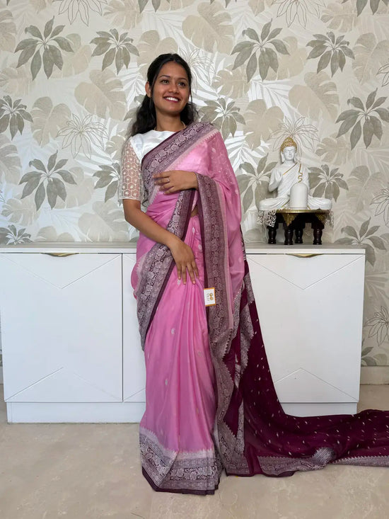 Pink Chiffon Saree with Elegant Silver Zari Borde