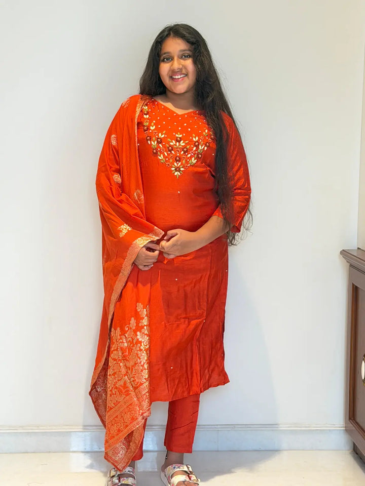 orange silk salwar set French knot embroidery brocade dupatta