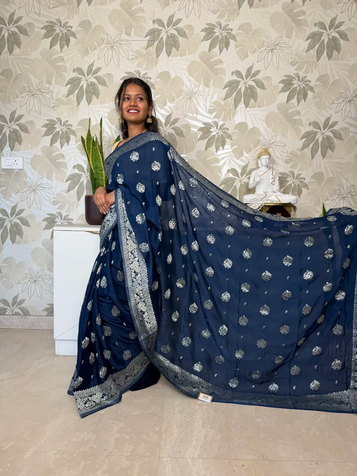 Banarasi Georgette Saree – Classic Blue with Silver Zari Floral Motifs