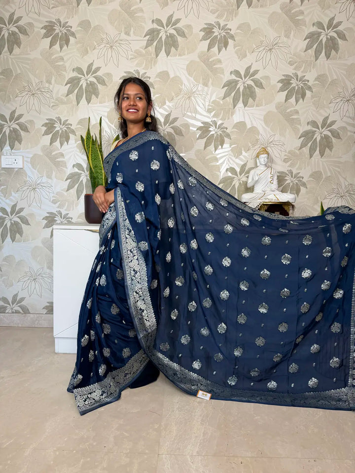 Banarasi Georgette Saree – Classic Blue with Silver Zari Floral Motifs