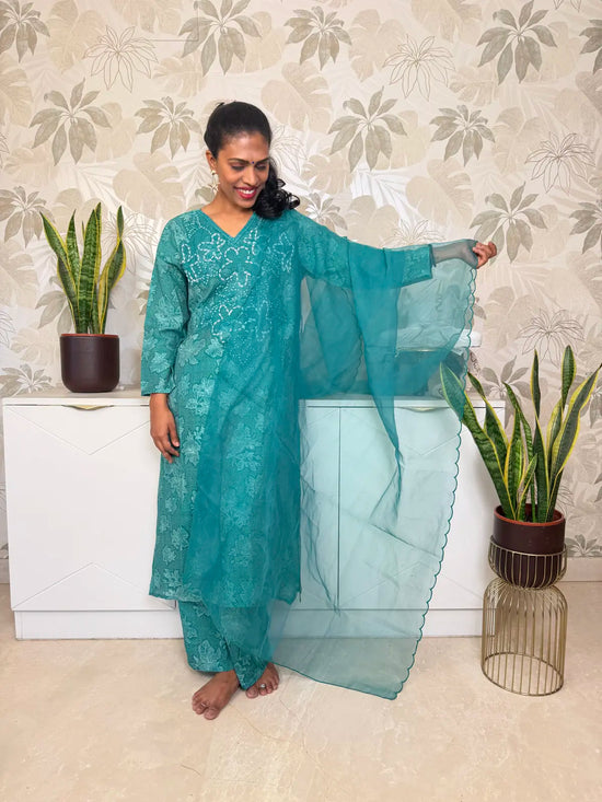 Green Muslin Cotton Salwar Set with Appliqué Work