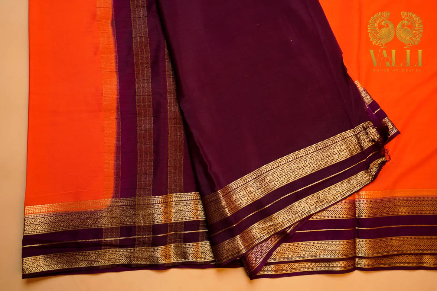 Semi Crepe Silk Orange Saree with Purple Contrast Border & Gold Stripe Pallu