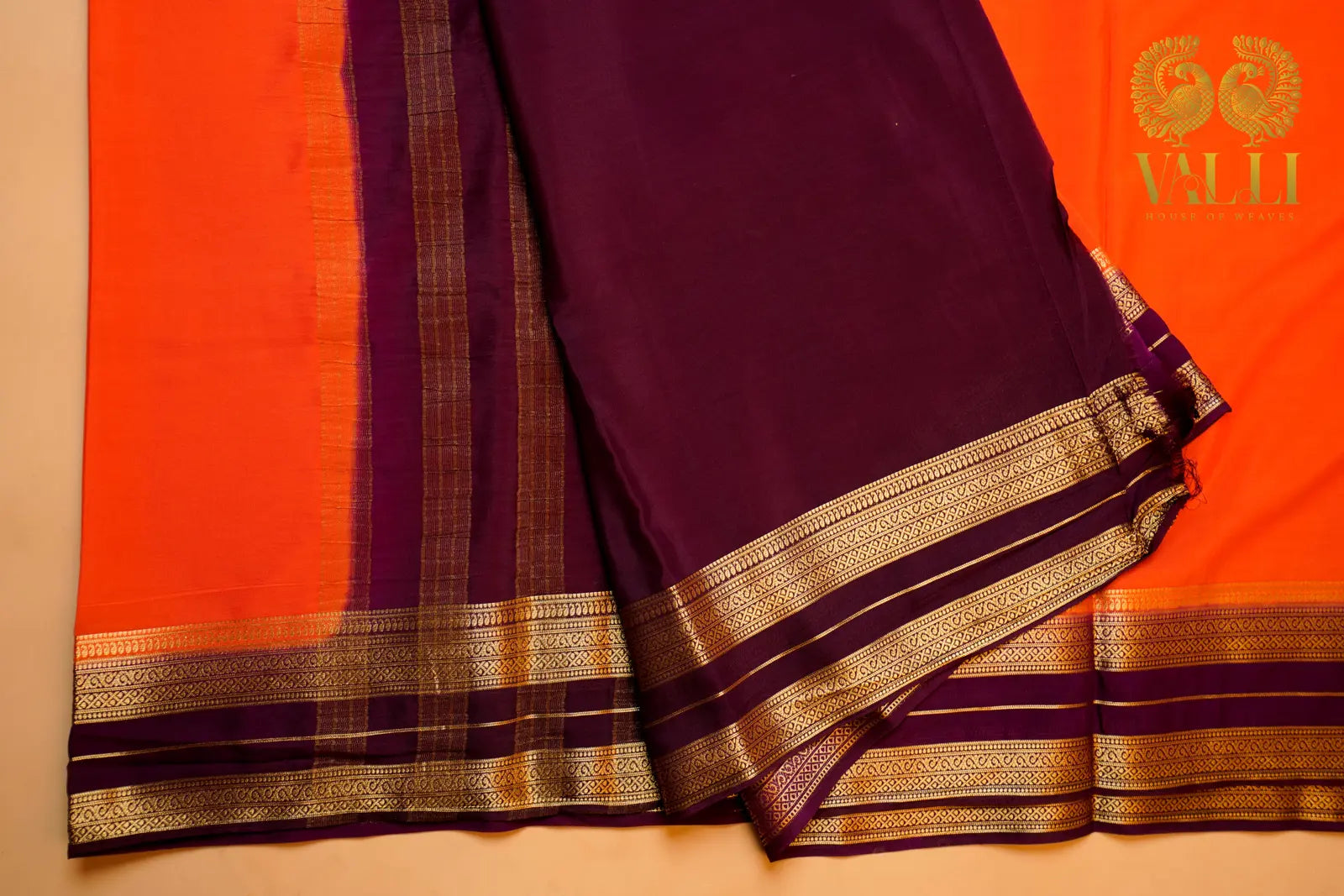 Semi Crepe Silk Orange Saree with Purple Contrast Border & Gold Stripe Pallu