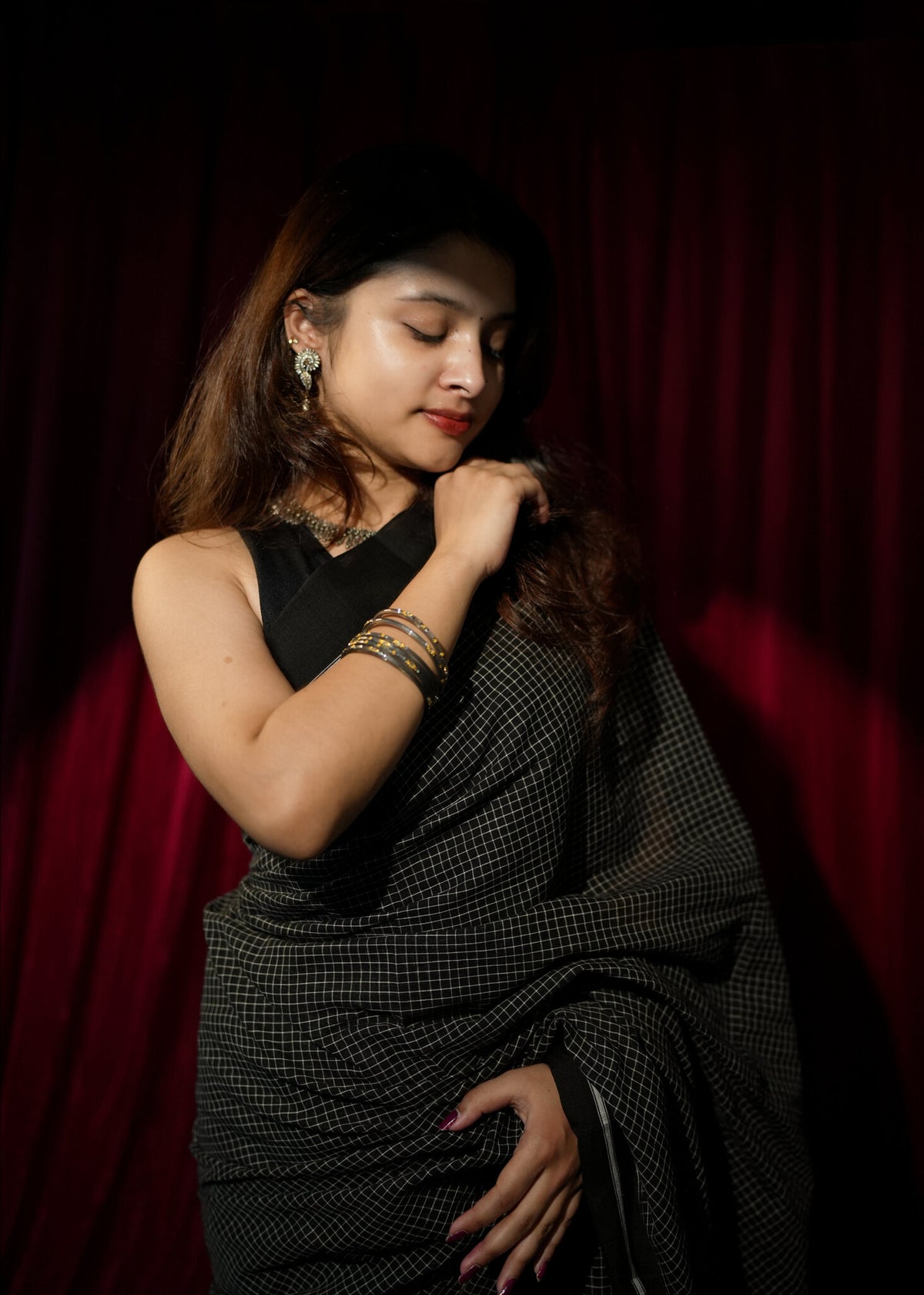 Patteda Anchu Cotton Saree – Black & White Checks