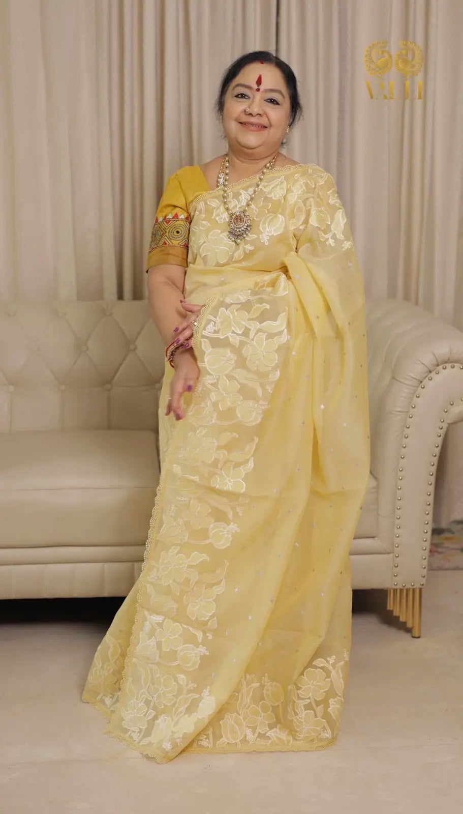 Soft Yellow Embroidered Saree With digital print blouse 
