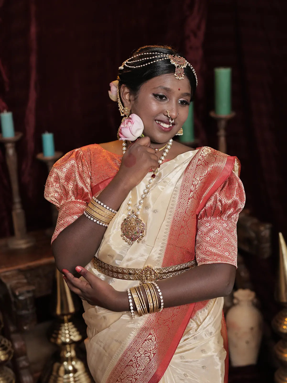 Crimson red and ivory satin banarasi saree