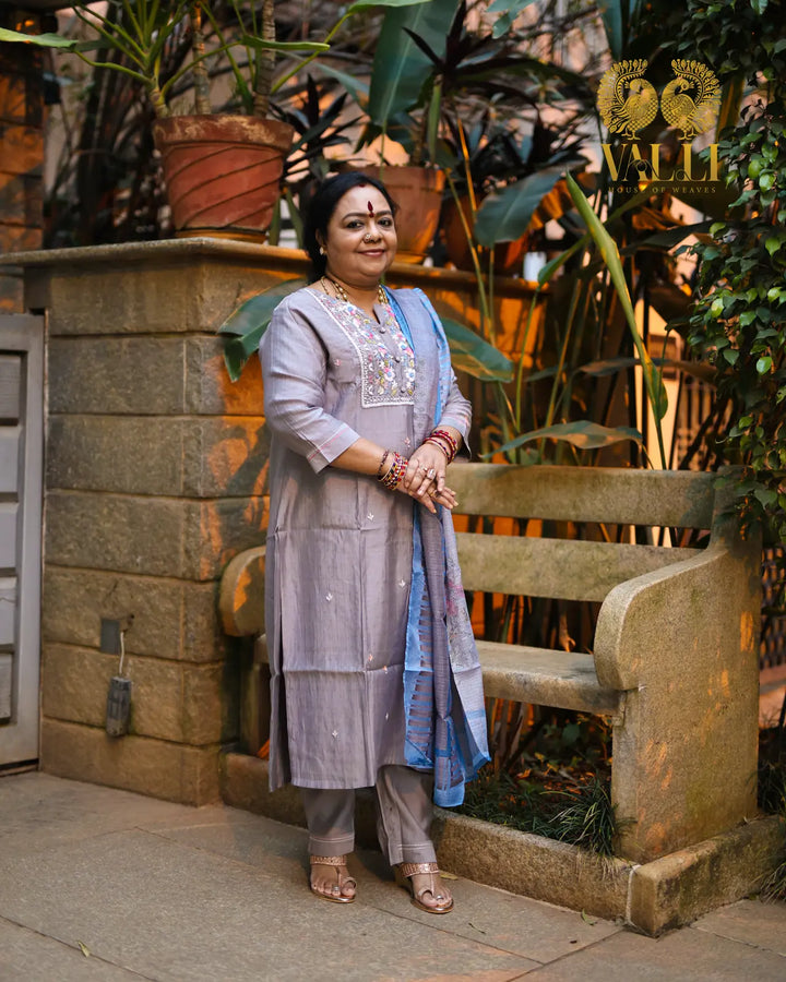 Grey salwar set straight cut with side slit and Digital print Dupatta