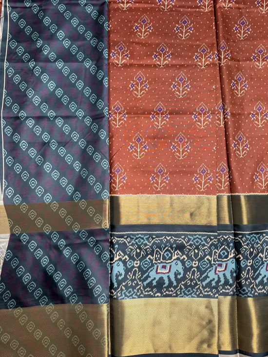 Plum Ikat Semi Silk Saree with Grey Elephant Border