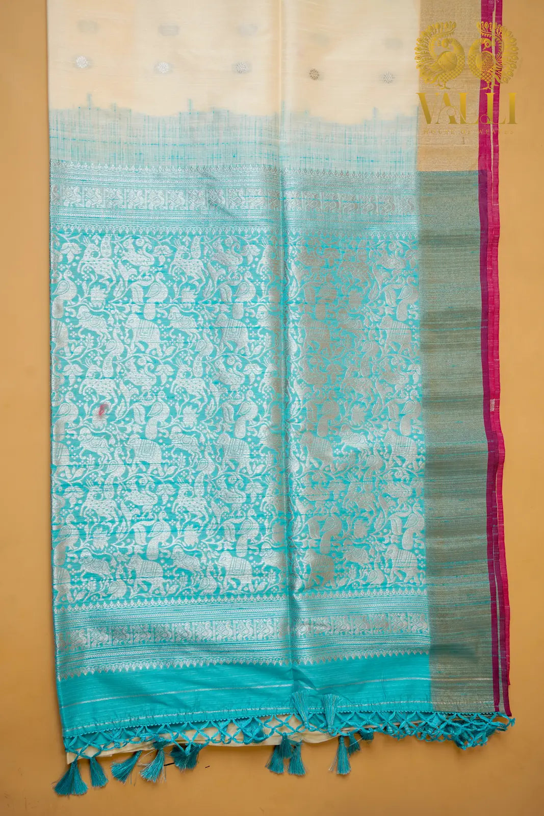 Raw Silk Ivory & Sky Blue Vanasingaram Saree