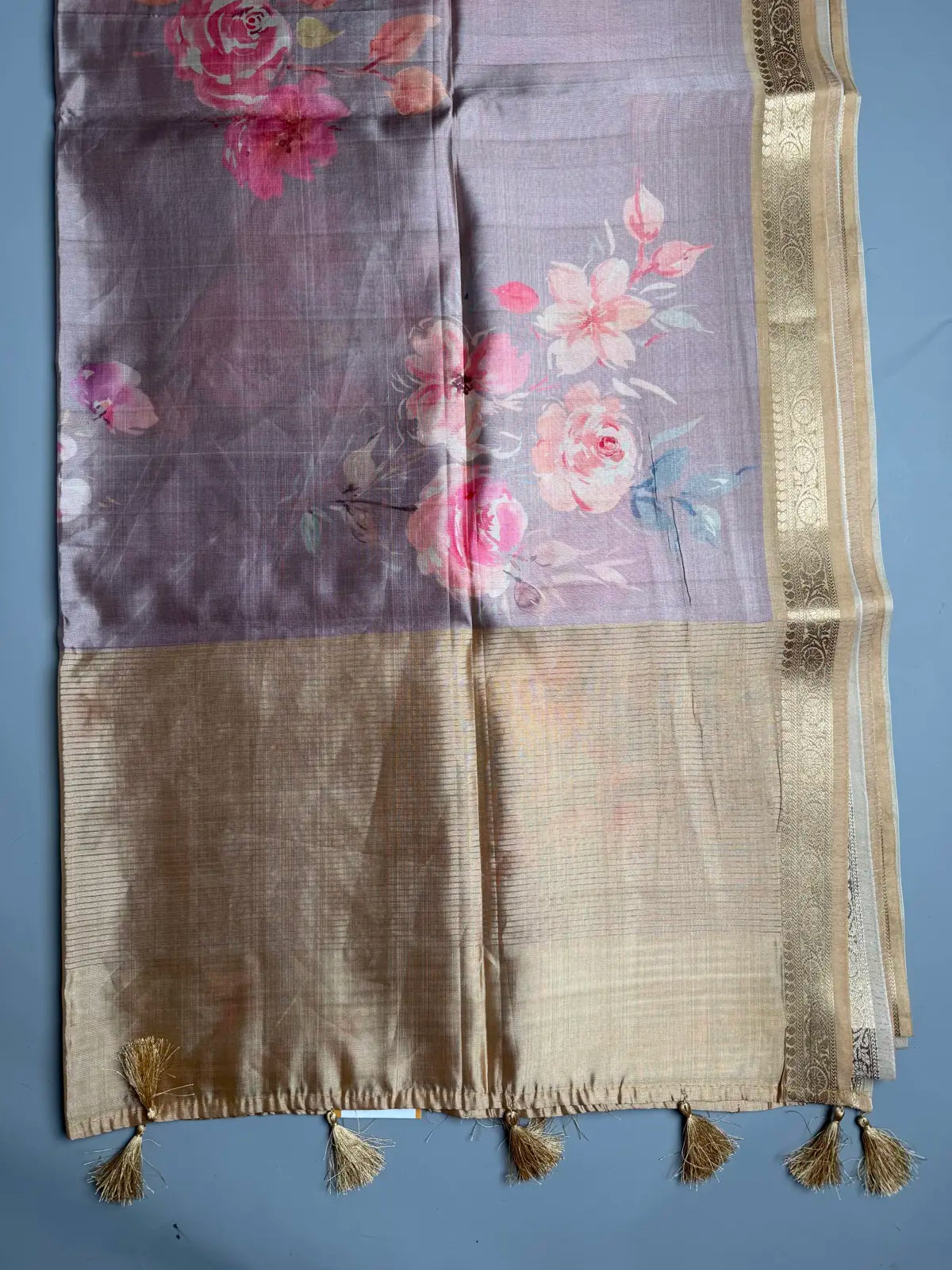 Pastel Beige Floral Silk Saree with Zari Border & Rich Golden Pallu
