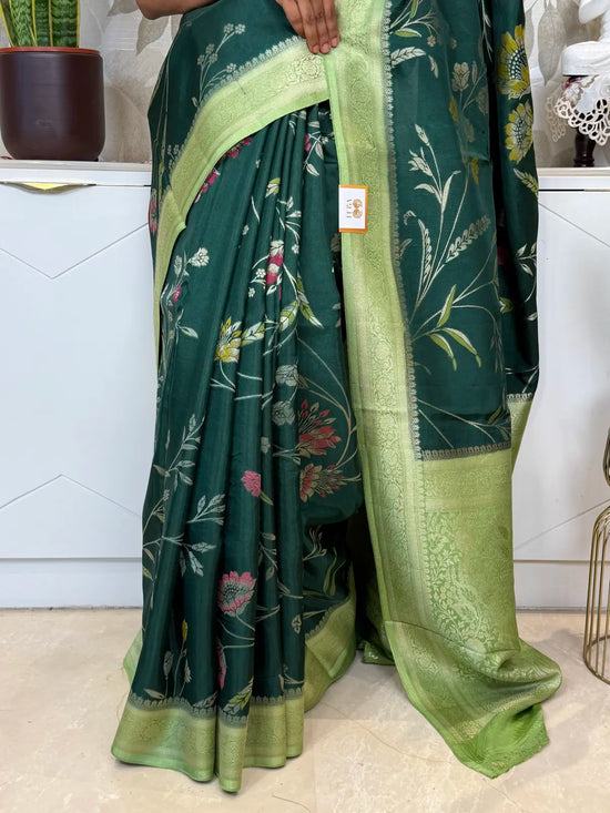 Georgette Banarasi Saree in Deep Green with Elegant Floral Weaving