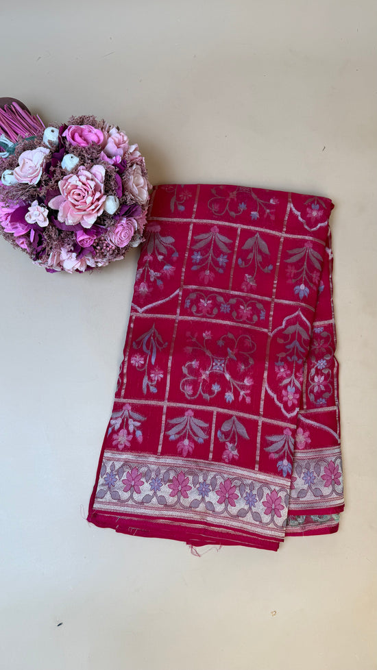 Rani Pink Organza Jaamdani Saree