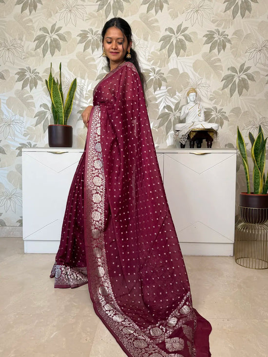 Banarasi Georgette Saree – Elegant Maroon with Silver Zari Motifs