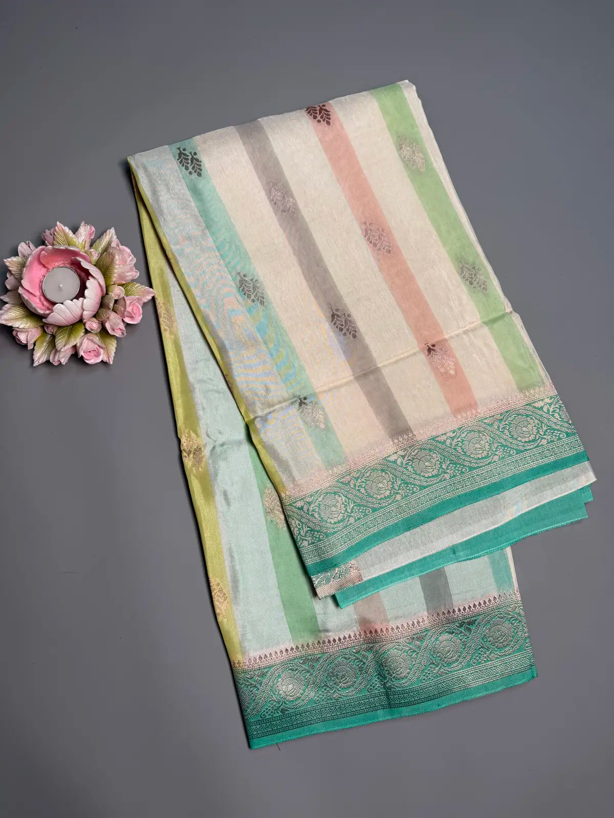 Pastel Striped Saree with Rama Green Border & Rich Brocade Pallu