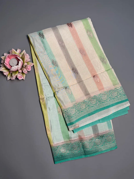Pastel Striped Saree with Rama Green Border & Rich Brocade Pallu