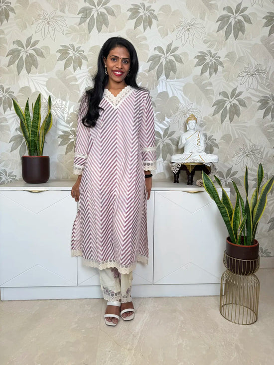 Off-White and Lavender Salwar Set with Stripe and Floral Design