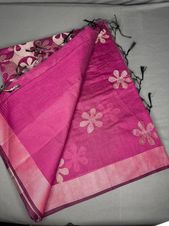 Fuschia pink embroidery cotton saree 