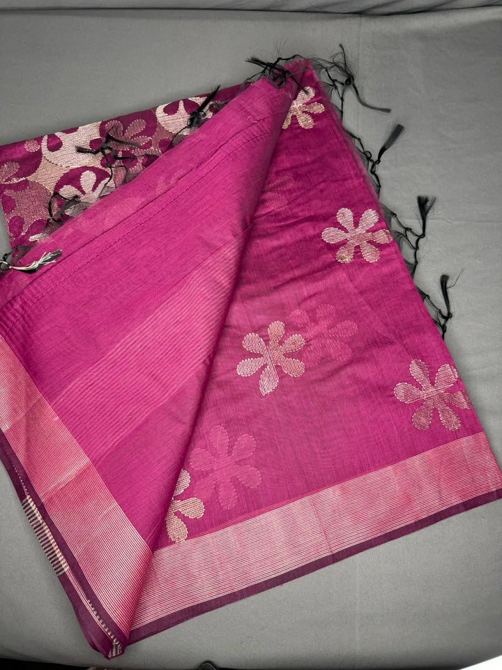 Fuschia pink embroidery cotton saree 