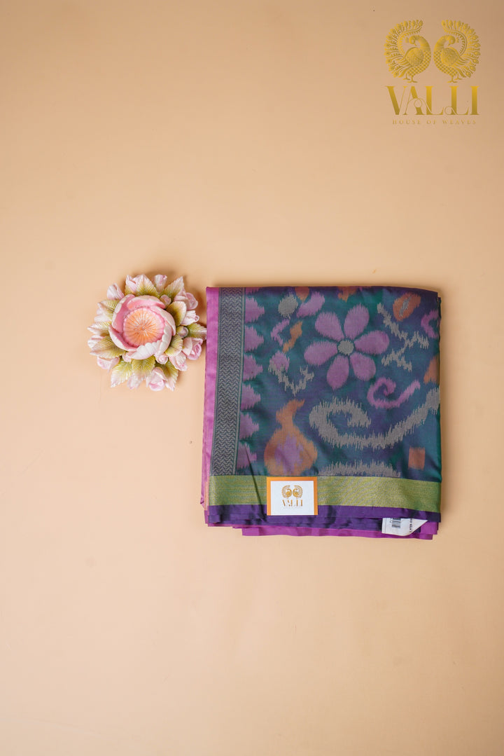 Onion Pink Saree with Heavy Ikat Green Pallu & Brocade Blouse