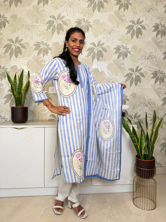 Off-White Cotton Salwar Set with Lavender Stripes and Floral Patch Motifs