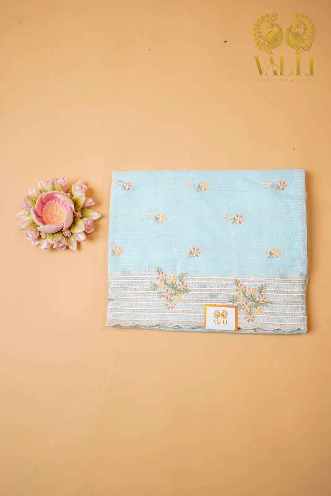 Powder Blue Kota Embroidery Saree with Scallop Border