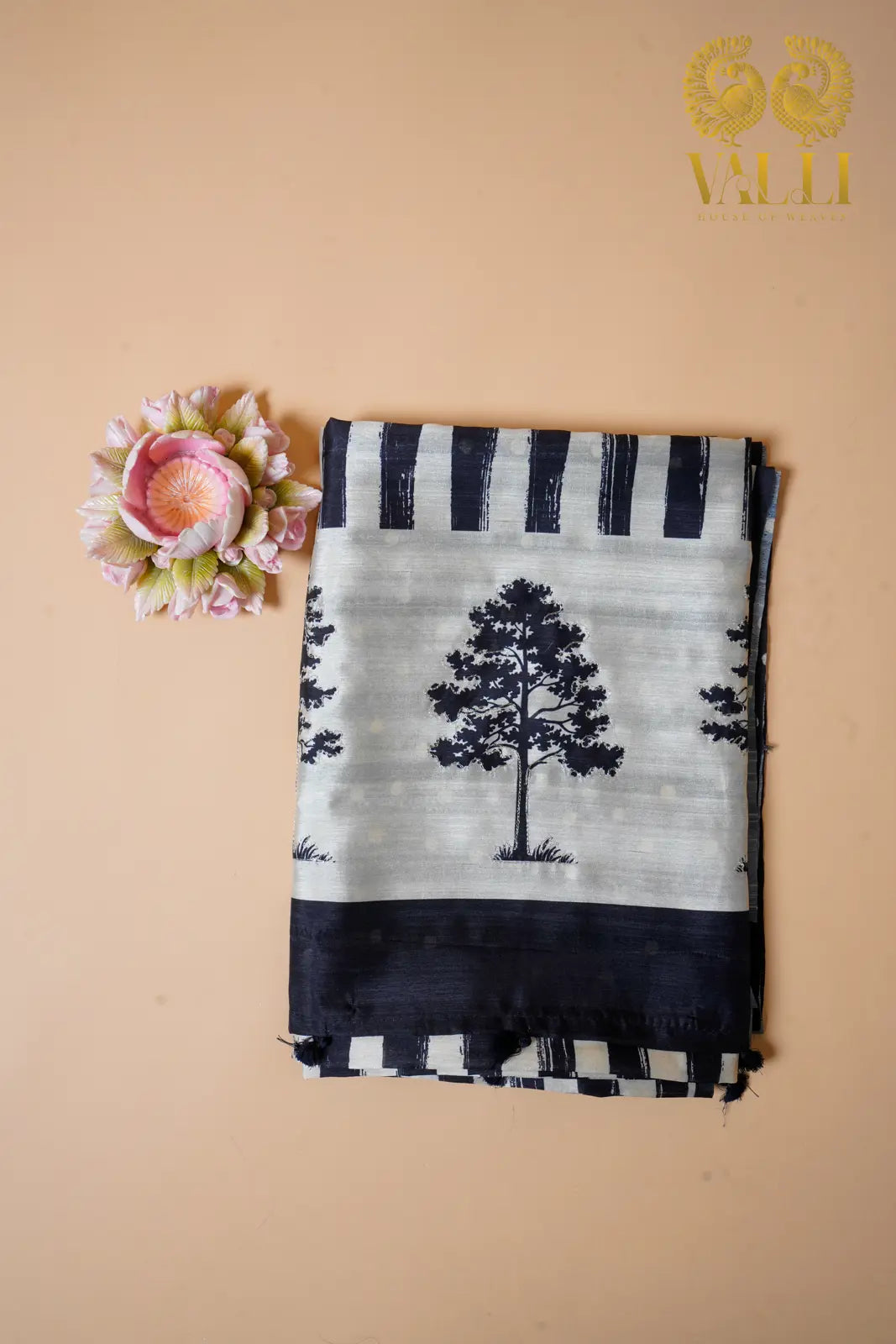 Tussar black and white stripes saree - Valli House of Weaves
