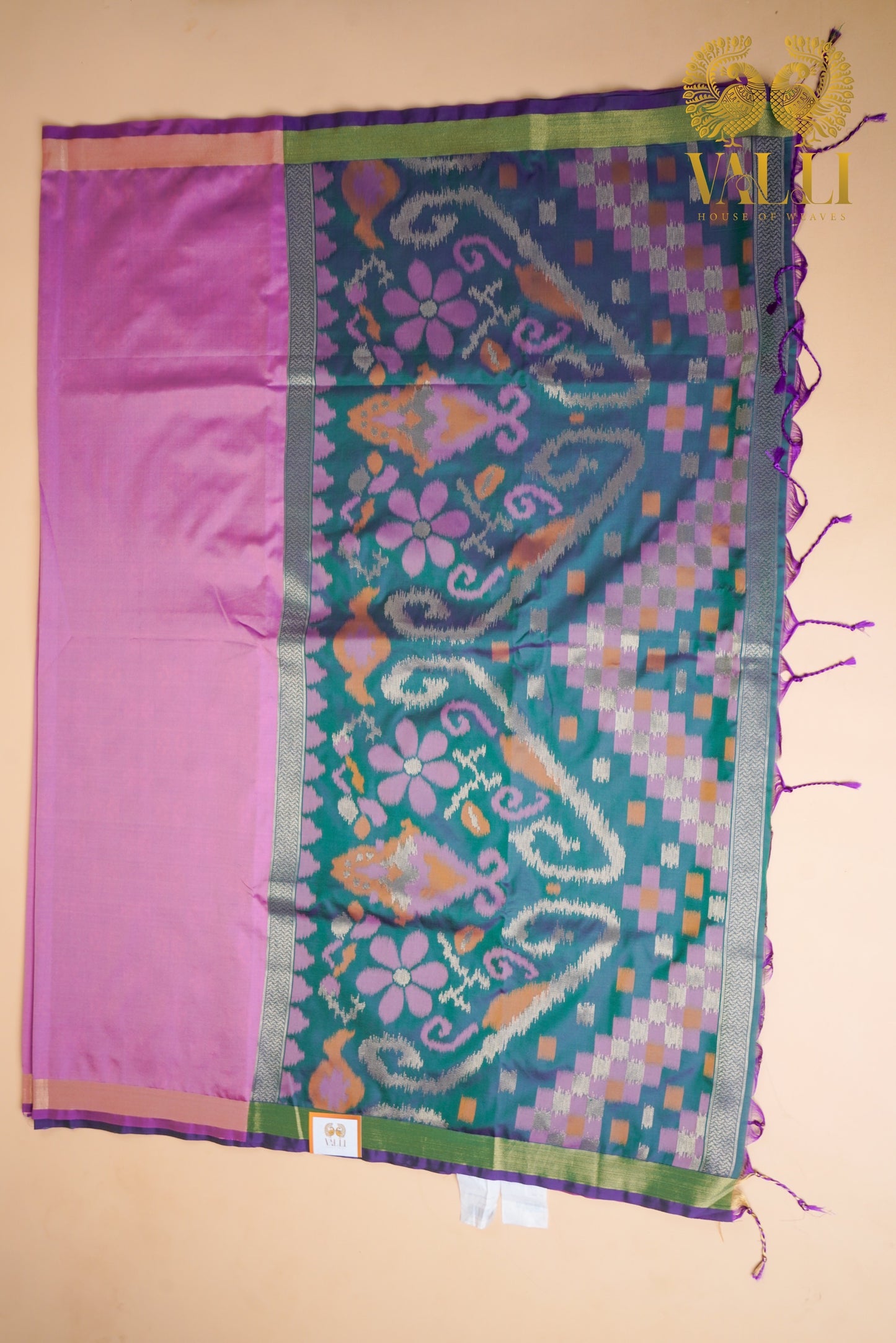 Onion Pink Saree with Heavy Ikat Green Pallu & Brocade Blouse