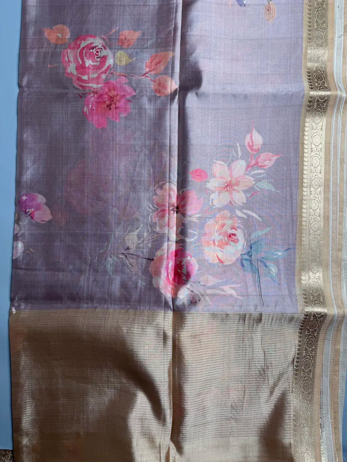 Pastel Beige Floral Silk Saree with Zari Border & Rich Golden Pallu