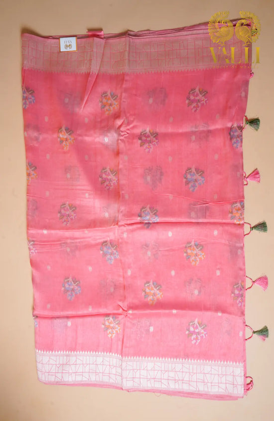 Peach Tussar Saree  Cross Stitch Motifs with Brocade Pallu & Blouse