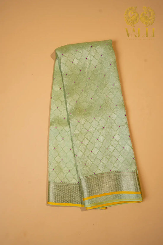 Pastel Green Banarasi Crepe Silk Saree with Yellow Selvage