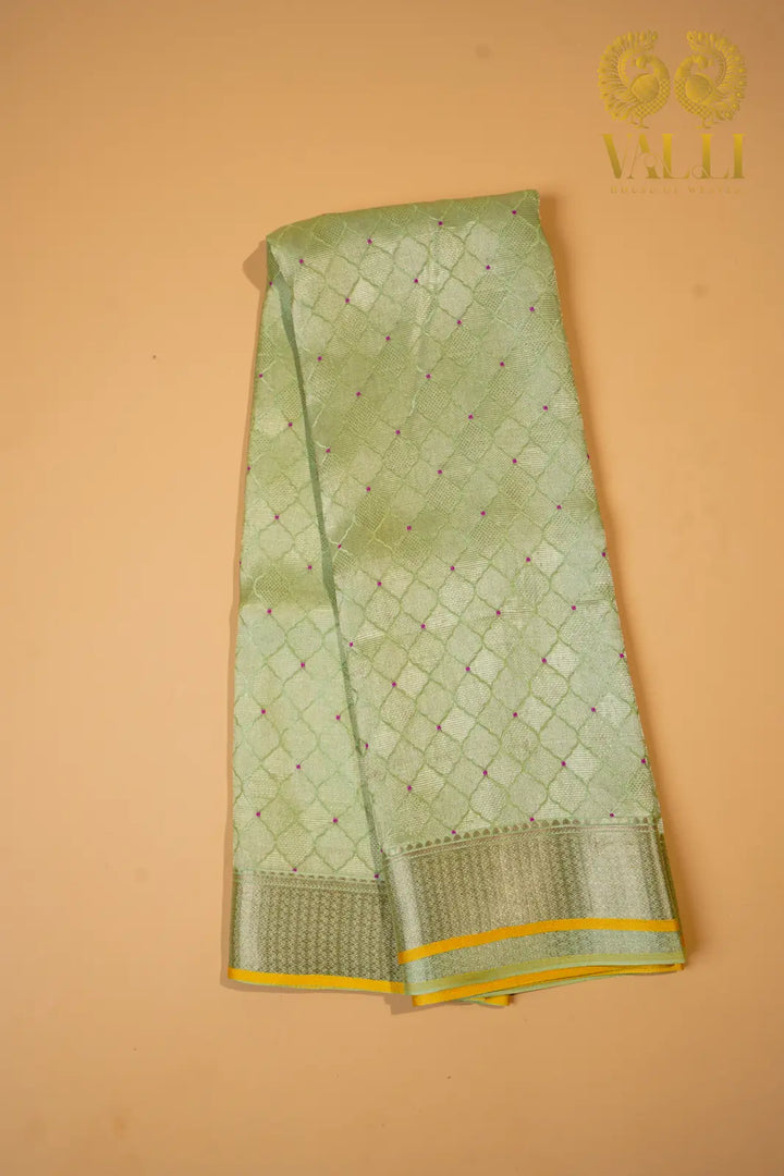 Pastel Green Banarasi Crepe Silk Saree with Yellow Selvage