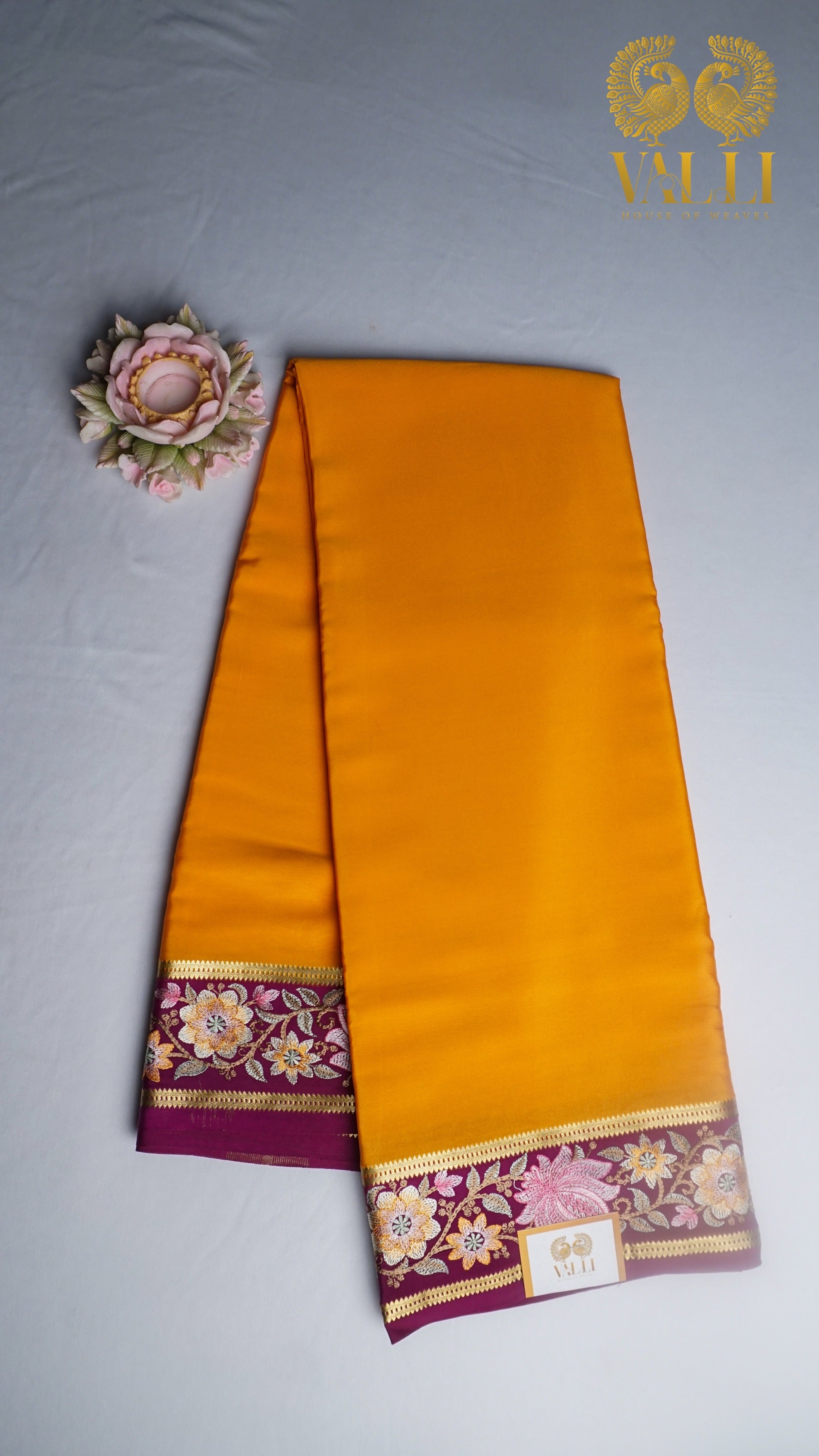 Orange + purple pure crepe silk saree with embroidery
