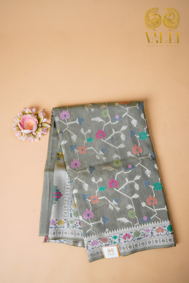 Grey tussar georgette saree with Jaamdani weave