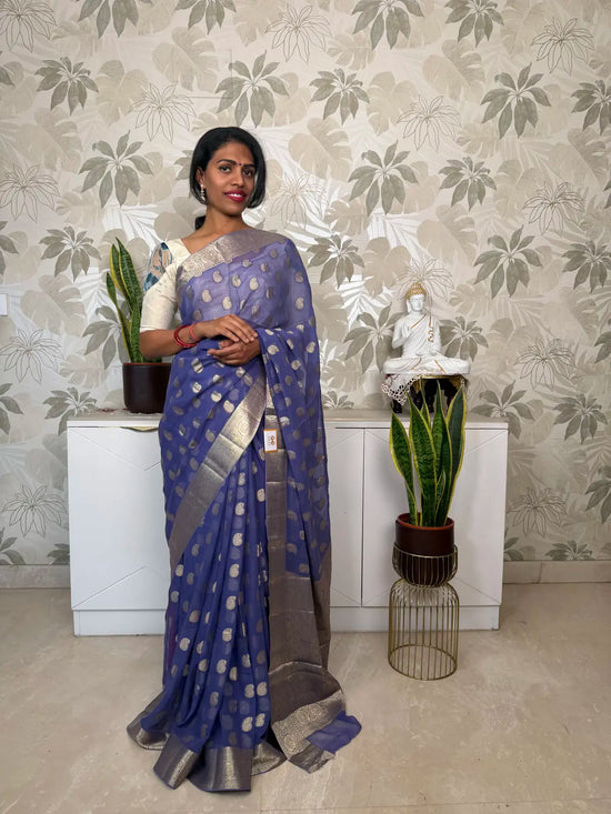 Violet Blue Chiffon Saree with Mango (Paisley) Butti Design