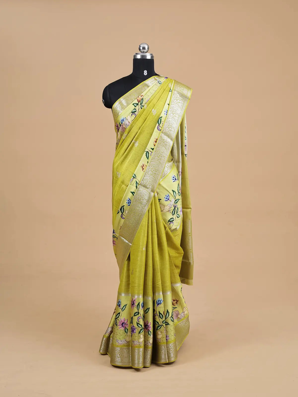 Semi Crepe Silk Saree with Digital Print & Gold Stripe Pallu - Kamakshi Crepe