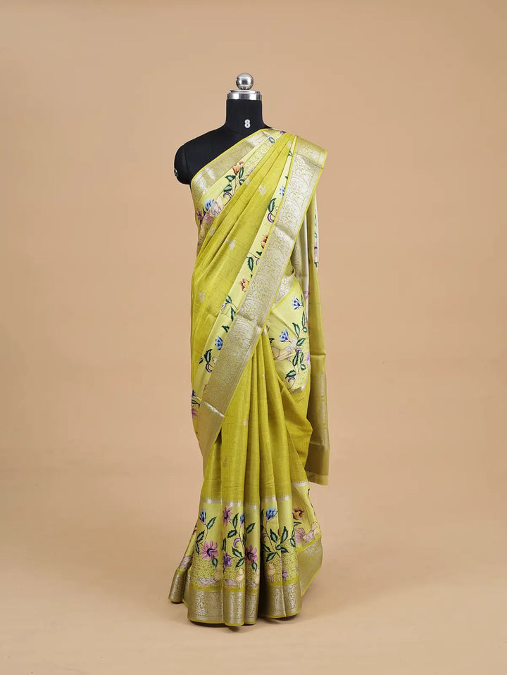 Semi Crepe Silk Saree with Digital Print & Gold Stripe Pallu - Kamakshi Crepe