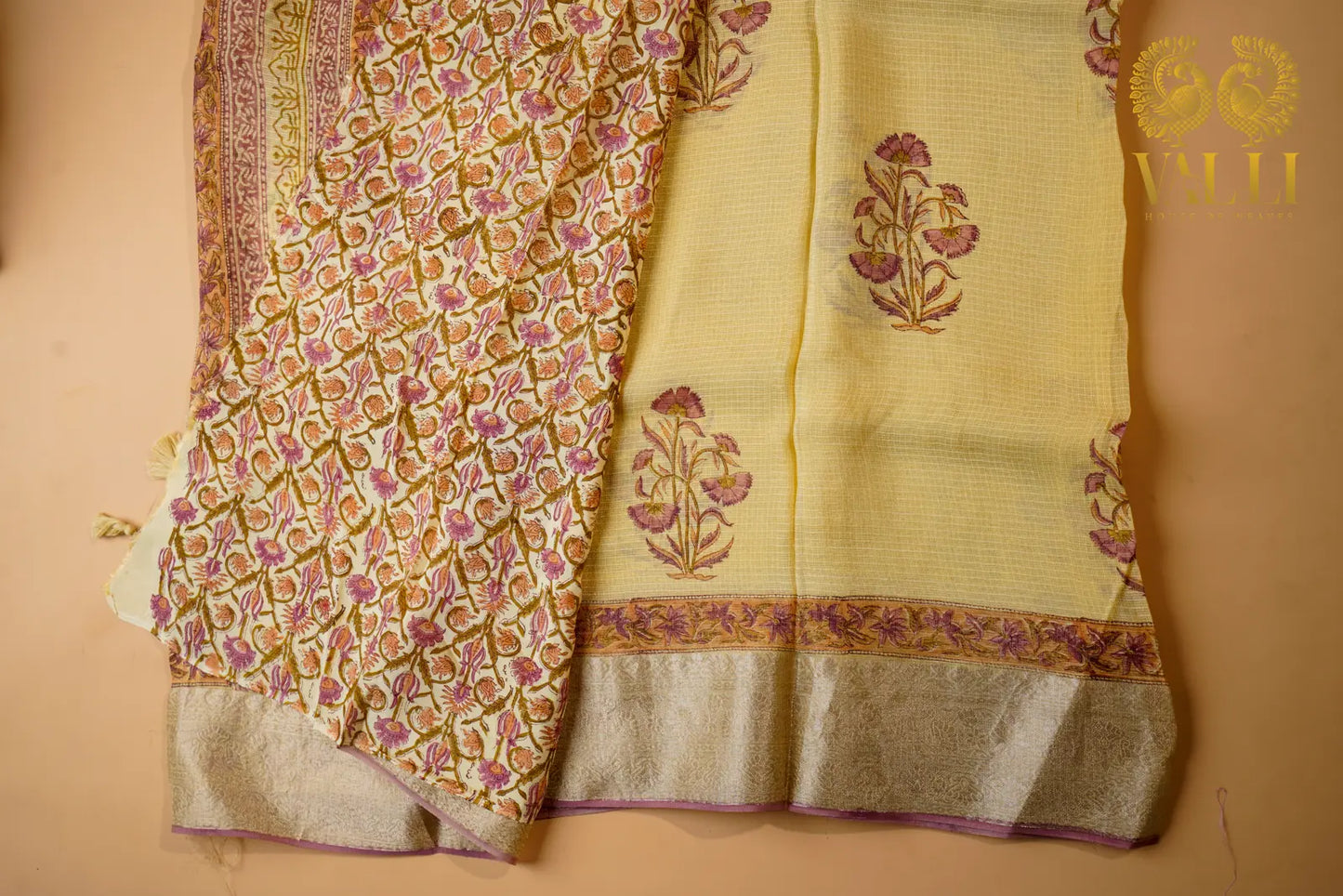 Pastel Yellow Kota Cotton Block Print Saree with Zari Border