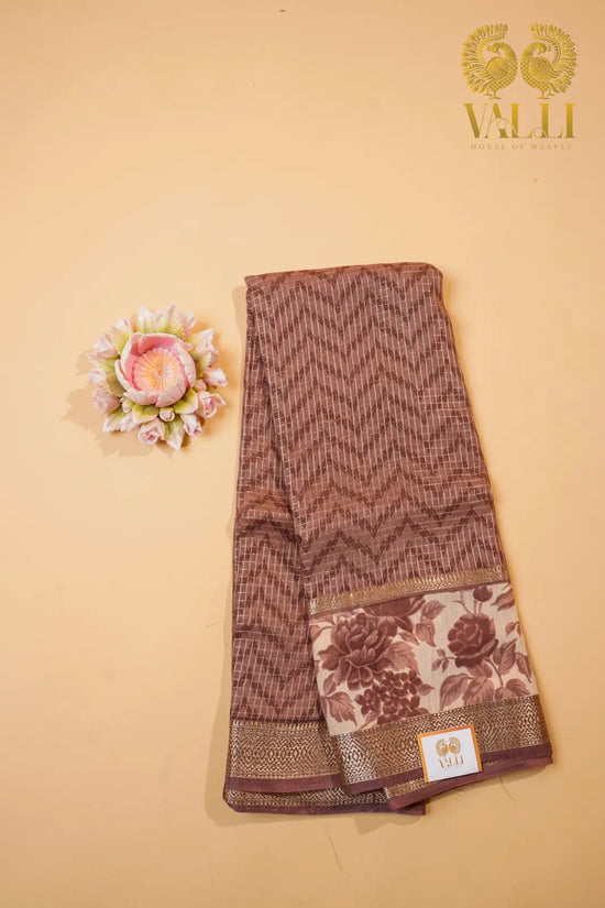 Cotton Zig Zag Saree – Brown Viscose Cotton with Zari Checks & Floral Border