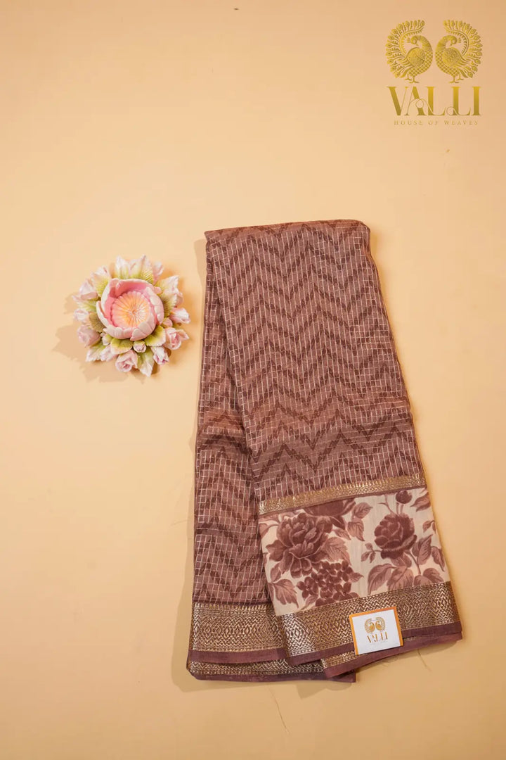 Cotton Zig Zag Saree – Brown Viscose Cotton with Zari Checks & Floral Border