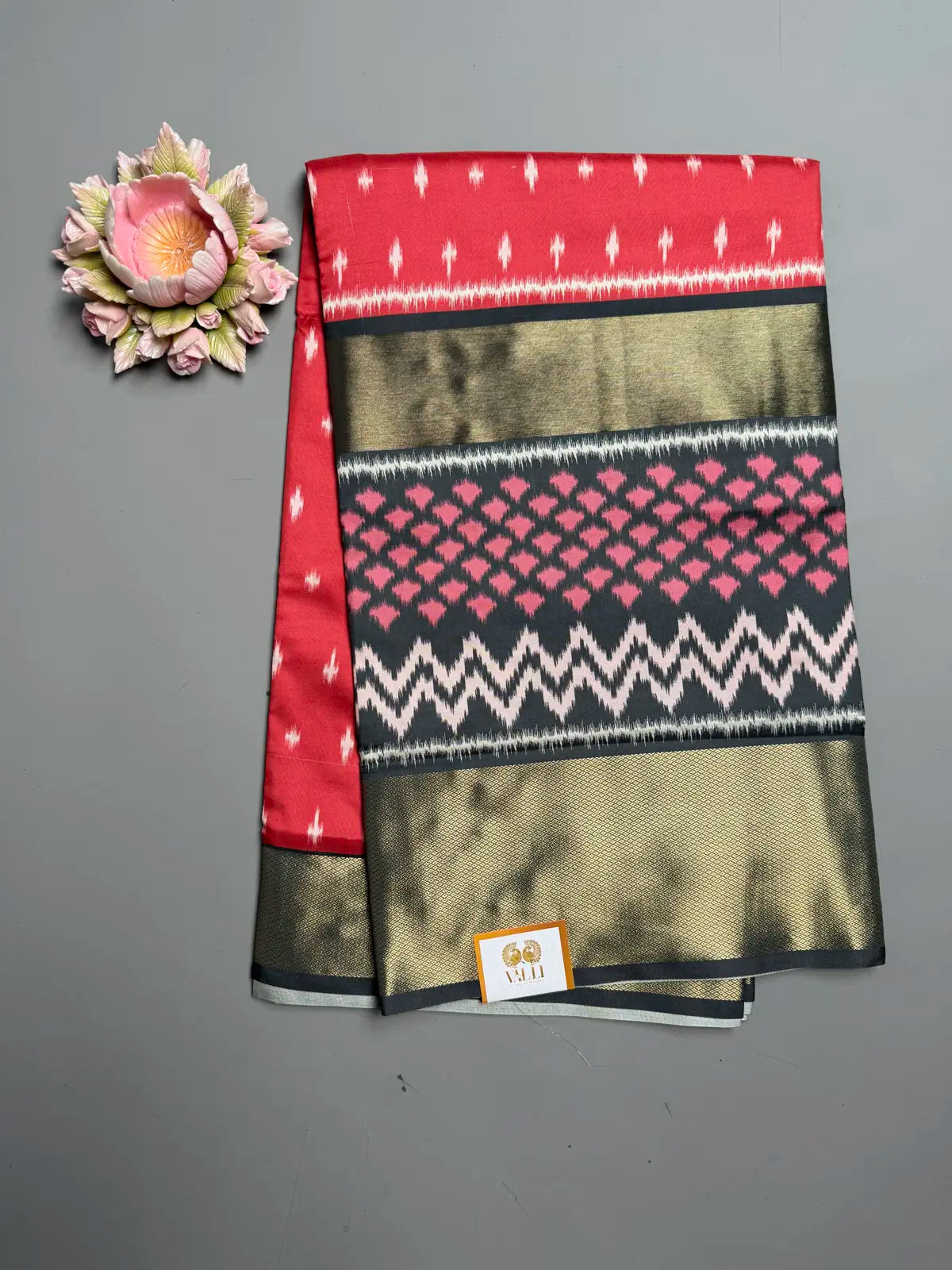 Red Semi Silk Saree with Grey Geometric Blouse