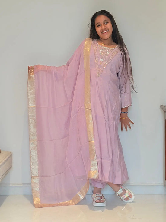Lilac orchid set A line with organza dupatta