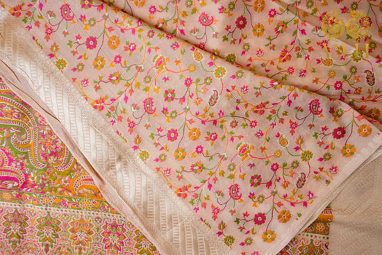 Pastel Blush Tussar Georgette Saree with Kashmiri Kani Weave Pallu & Embroidered Mango Motifs