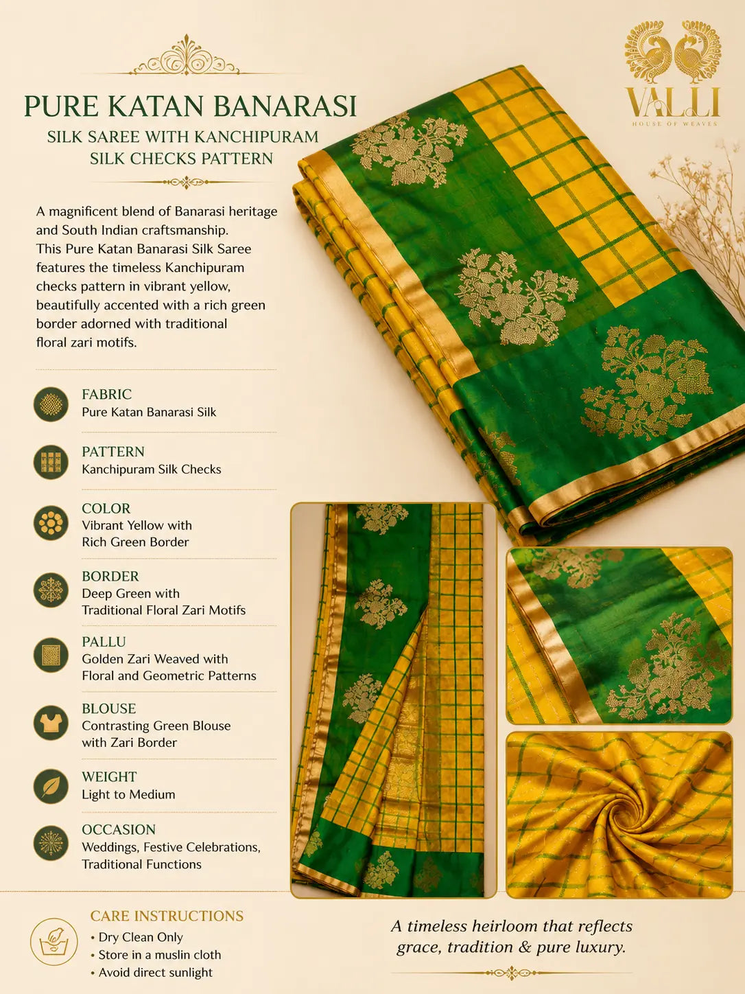 Pure Katan Banarasi Silk Saree with Kanchipuram Checks Pattern yellow 