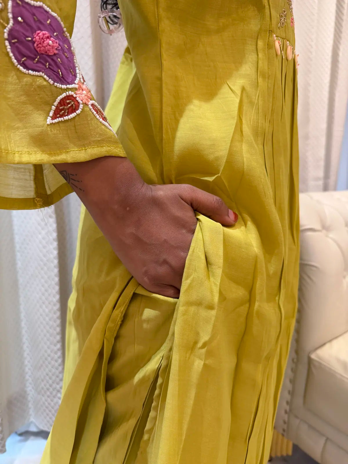 Lemon green  salwar set with pearl work v neck. A LINE SALWAR