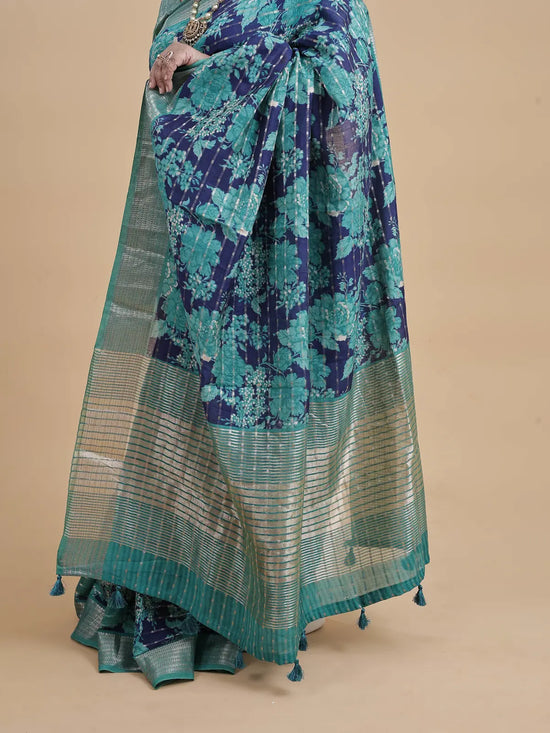 Cotton Floral Saree – Bluish Green Digital Print with Heavy Zari Pallu