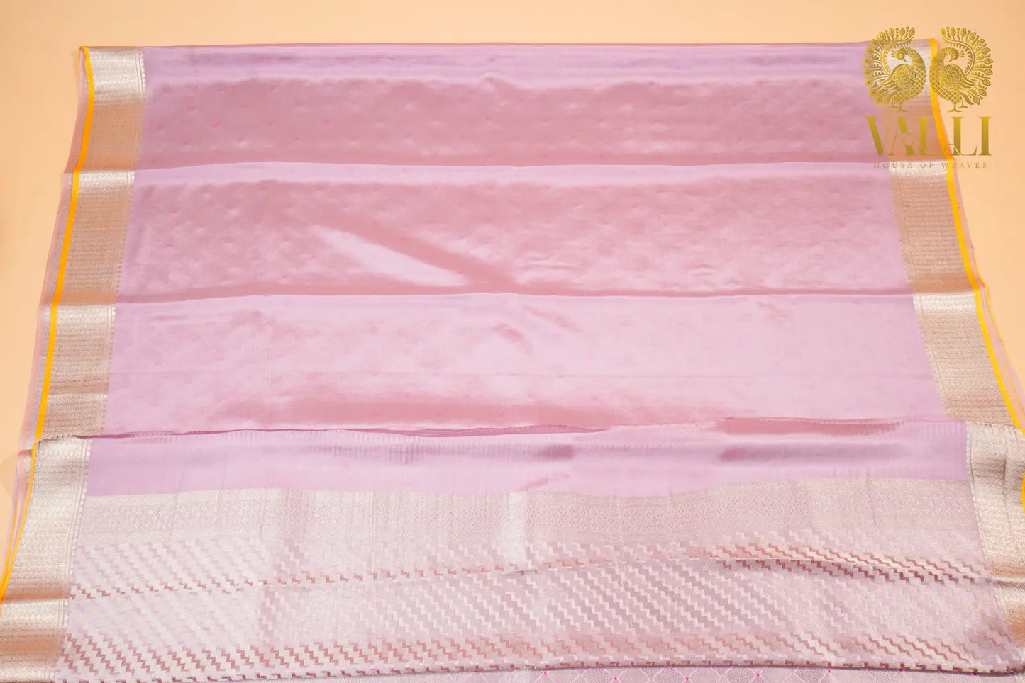 Blush Pink Banarasi Crepe Silk Saree with Yellow Selvage