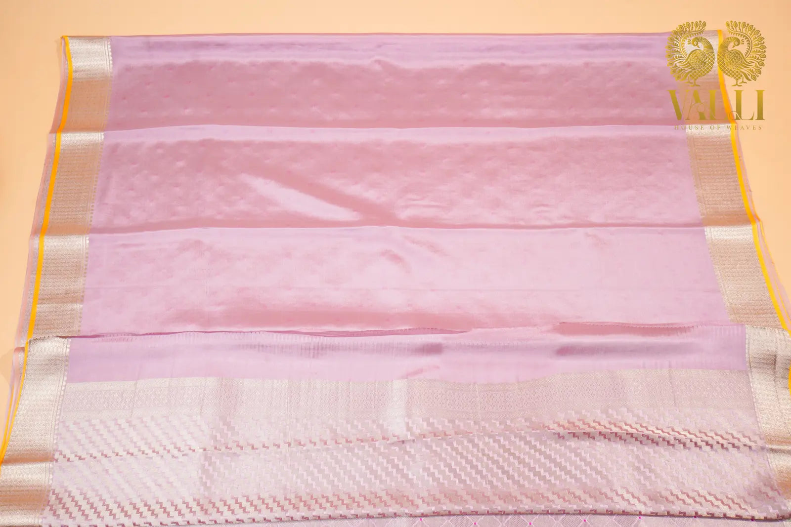 Blush Pink Banarasi Crepe Silk Saree with Yellow Selvage