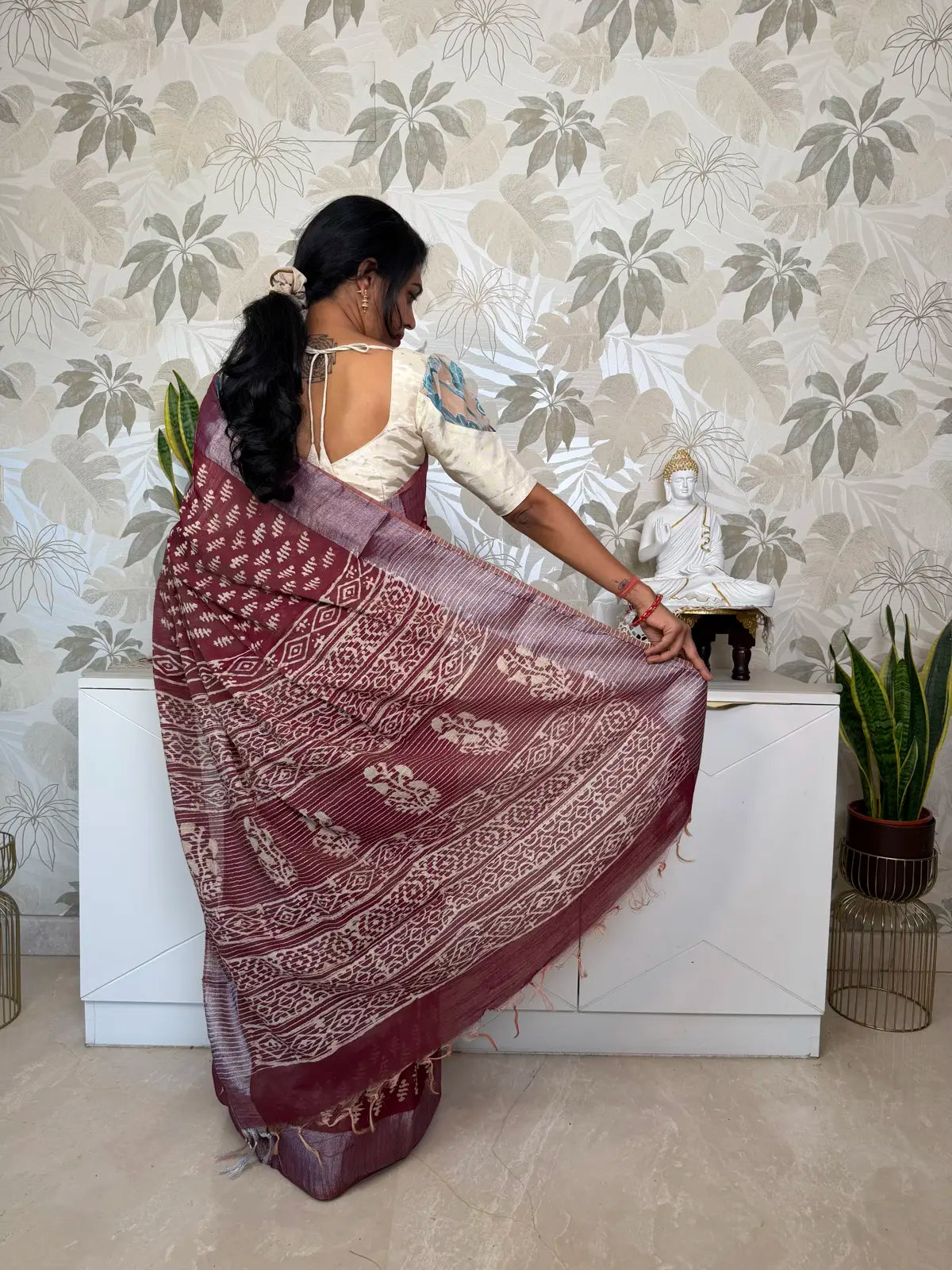 Maroon Cotton Saree with Block Print and Batik Pallu